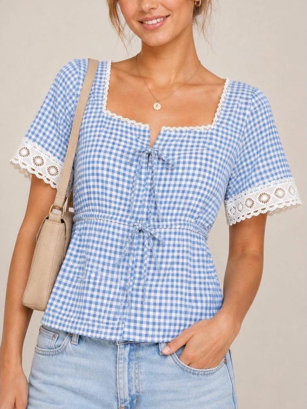 Blue Gingham Lace-Trim Square Neck Blouse